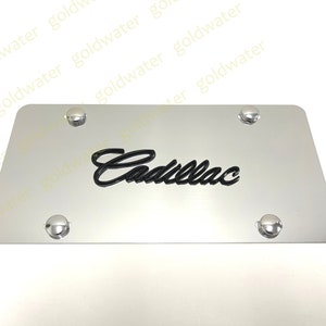 3D (black) CadillacScript Emblem Badge Silver Aluminum Chrome Mirrored Metal Vanity Front License Plate Tag