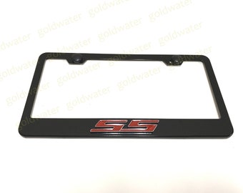3D (Red) SS Super Sport Emblem Black Powder Coated Metal Steel License Plate Frame Holder For Chevy