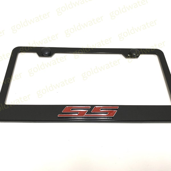 3D (Red) SS Super Sport Emblem Black Powder Coated Metal Steel License Plate Frame Holder For Chevy