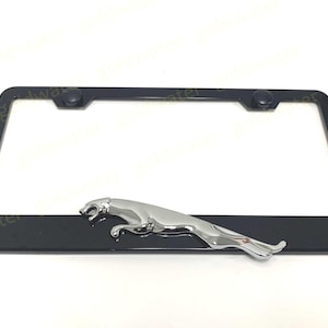 3D Jaguar Leaper Logo Emblem Black Powder Coated Metal Steel License Plate Frame Holder (L)