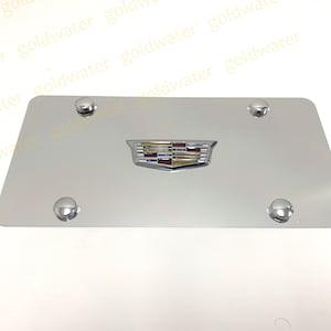3D CadillacCrest LOGO Emblem Badge Silver Aluminum Chrome Mirrored Metal Vanity Front License Plate Tag (color)