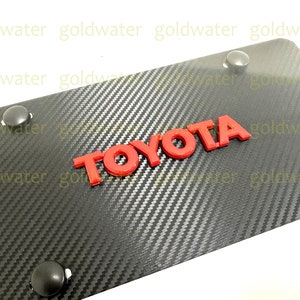 3D Red Toyota Emblem Badge Carbon Fiber Style Aluminum Vanity Front License Plate