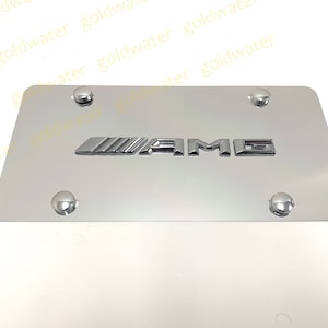 3D ////AMG Emblem Badge Silver Aluminum Chrome Mirrored Metal Vanity Front License Plate Tag For AMG