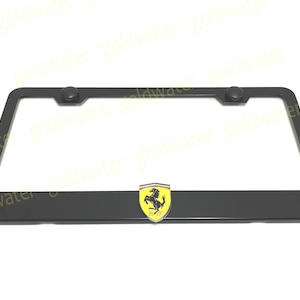 3D Ferrari Shield Emblem Black Powder Coated Metal Steel License Plate Frame Holder
