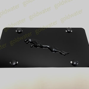3D (Black) JaguarLeaper Logo Emblem Badge Black Aluminum Metal Vanity Front License Plate Tag Black Trim