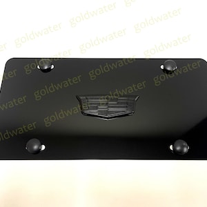 3D (BLACK) CadillacCrest Emblem Badge Black Aluminum Metal Vanity Front License Plate Tag Black Trim Edition