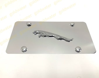 3D Jaguar Leaper Logo Emblem Badge Silver Aluminum Chrome Mirrored Metal Vanity Front License Plate Tag