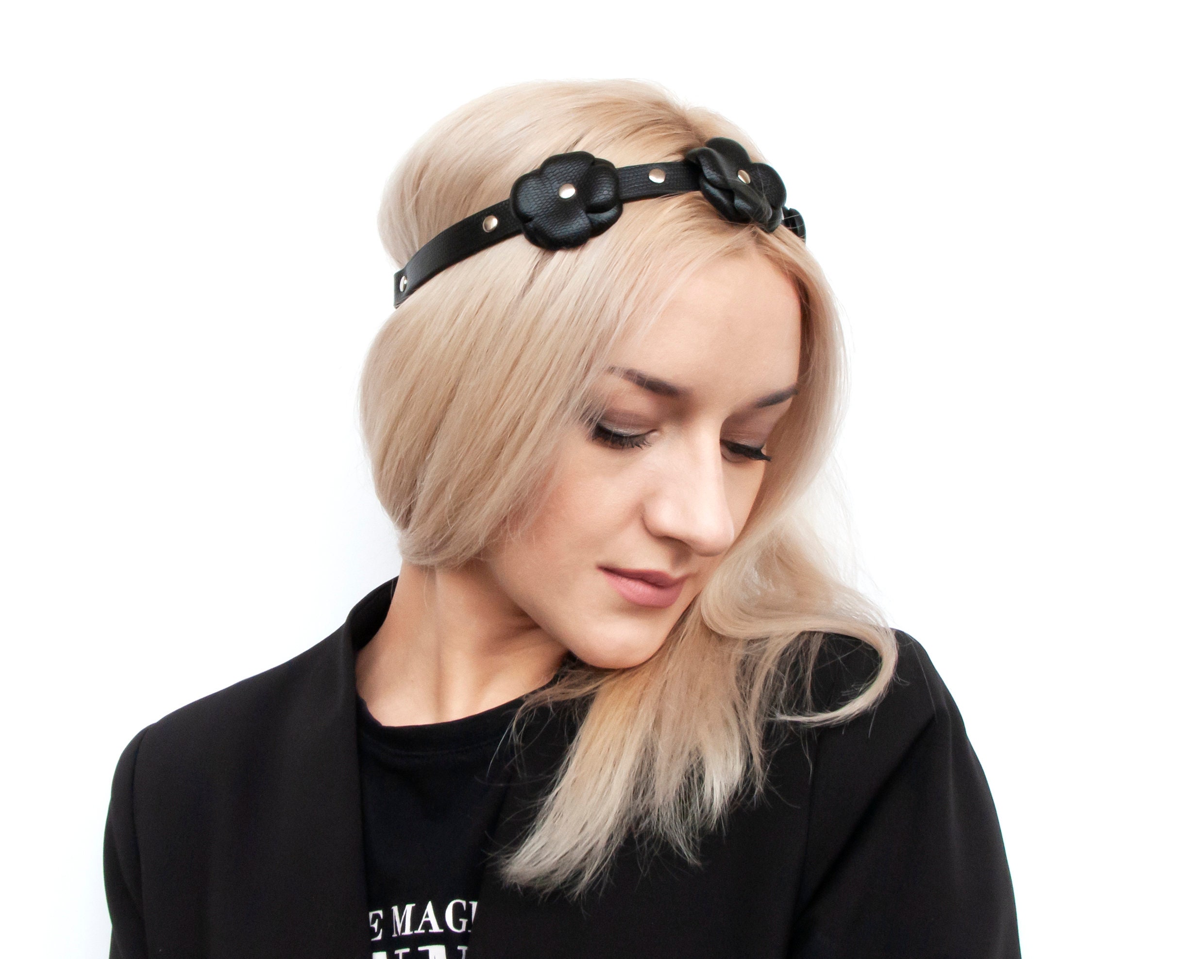Woman leather floral headband Black fashion headpiece Girls Etsy