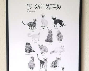 15 Cat Breeds Art print Cat breed Poster Pencil Illustration Animal print wall decor