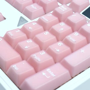 May include: Close-up of a computer keyboard's numeric keypad with light pink keycaps. The keys are labeled with white numbers, symbols, and functions. The keyboard has a white frame.