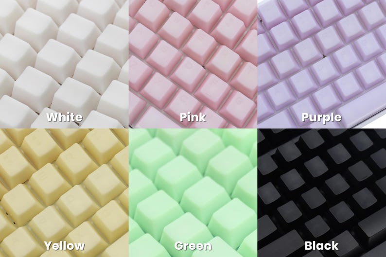 K&ouml;nnte beinhalten: Eine Sammlung farbiger Tastaturtasten in Wei&szlig;, Rosa, Lila, Gelb, Gr&uuml;n und Schwarz. Jede Farbe ist mit ihrem Namen beschriftet. Die Tasten sind quadratisch und in einem Raster angeordnet.