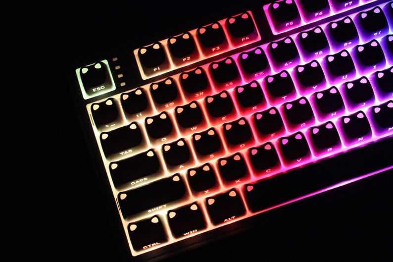 May include: A close-up of a mechanical keyboard with cat-shaped keycaps. The keys are black with white lettering and are illuminated with a rainbow gradient of colors. The ESC key is lit with a green glow.