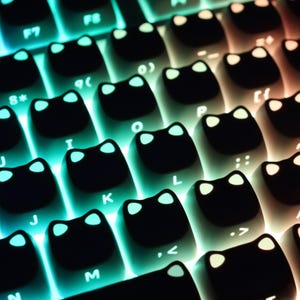 May include: Close-up of a mechanical keyboard with black keycaps shaped like cat faces. The keys are backlit with a gradient of colors, transitioning from blue to orange. The keyboard layout is visible, with letters and symbols.