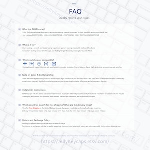 K&ouml;nnte beinhalten: FAQ-Seite von JellyKeycaps mit Tastaturhintergrund. Die Seite beantwortet Fragen zu POM-Tastenkappen, Kompatibilit&auml;t und Versand. Der Text enth&auml;lt "Quickly resolve your issues" und die Etsy-URL. Der Hintergrund ist wei&szlig;.