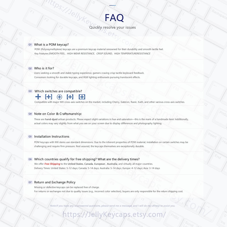K&ouml;nnte beinhalten: FAQ-Seite von JellyKeycaps mit Tastaturhintergrund. Die Seite beantwortet Fragen zu POM-Tastenkappen, Kompatibilit&auml;t und Versand. Der Text enth&auml;lt "Quickly resolve your issues" und die Etsy-URL. Der Hintergrund ist wei&szlig;.