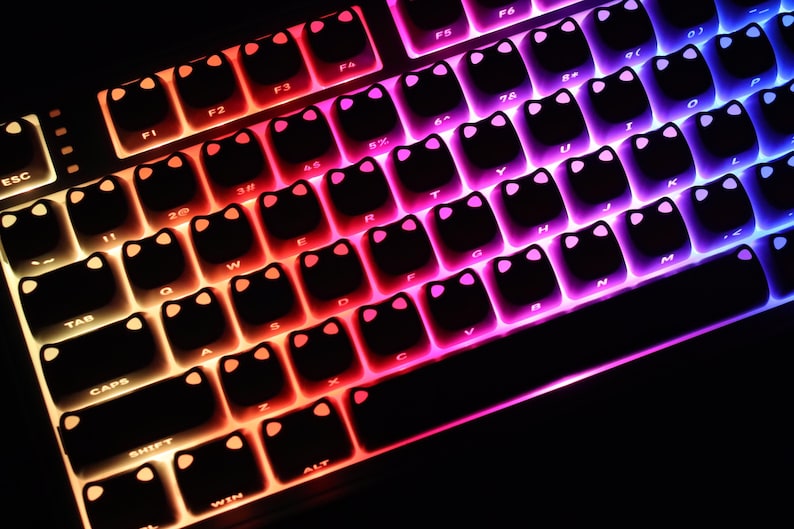 May include: Close-up of a mechanical keyboard with black keycaps featuring a cat face design. The keys are illuminated with a gradient of colors, transitioning from orange to pink and blue. The keyboard is designed for gaming or typing.
