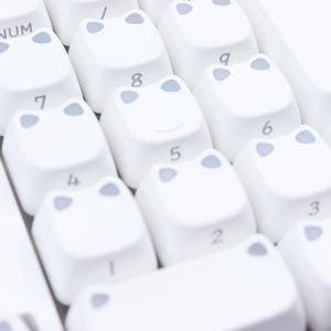 May include: Close-up of a white keyboard with custom keycaps. The keycaps are white with a light gray frog-like design. The number keys are visible, and the "NUM" key is also visible.