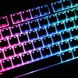 May include: Close-up of a mechanical keyboard with black keycaps. The keycaps are shaped like cat faces and are backlit with a gradient of colors, transitioning from pink to blue to green.