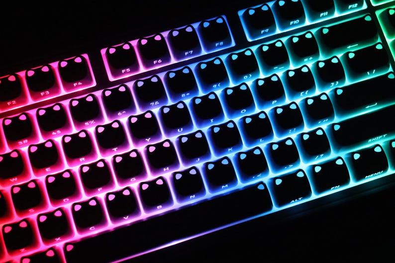May include: Close-up of a mechanical keyboard with black keycaps. The keycaps are shaped like cat faces and are backlit with a gradient of colors, transitioning from pink to blue to green.
