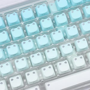 May include: A close-up of a computer keyboard with light blue and white keycaps. Each keycap has a frog face design. The keycaps are arranged in rows and columns, with a gradient effect from light blue to white.