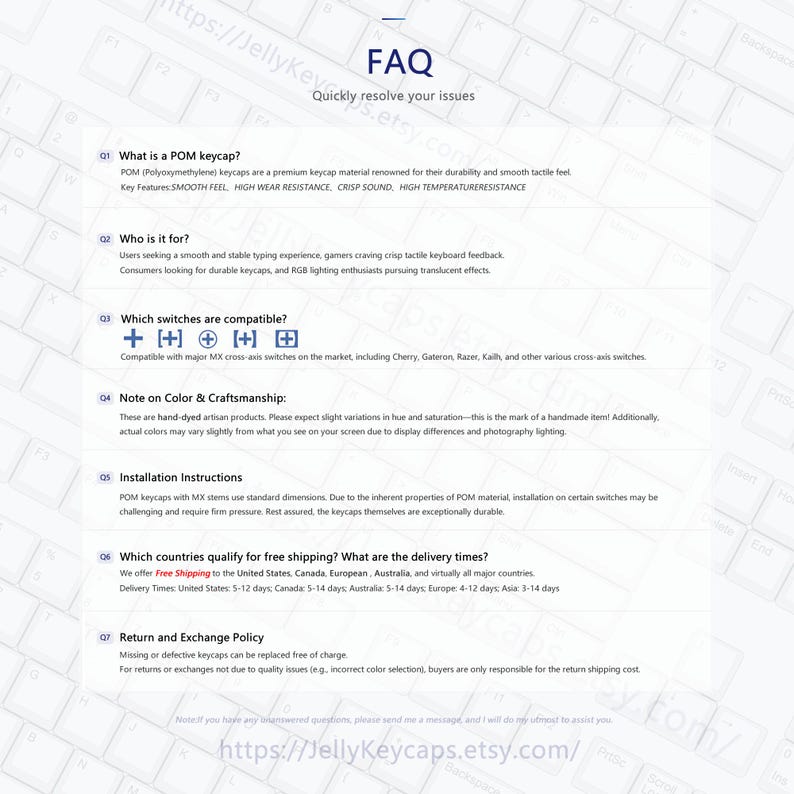 K&ouml;nnte beinhalten: FAQ-Seite von JellyKeycaps mit Tastaturhintergrund. Die Seite beantwortet Fragen zu POM-Tastenkappen, Kompatibilit&auml;t und Versand. Der Text enth&auml;lt "Quickly resolve your issues" und die Etsy-URL. Der Hintergrund ist wei&szlig;.