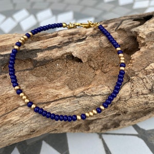 Blue and Gold/Silver Seed Bead Surfer-style Bracelet with Dainty Gold/Silver Heart Charm