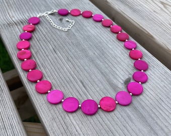 Blue/Purple/Hot Pink/Blush Pink and Silver Flat Shell Disc Bead Necklace