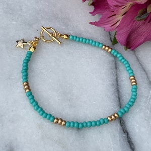 Turquoise and Gold Or Silver Surfer-style Seed Bead Bracelet with Dainty Gold or Silver Star Charm