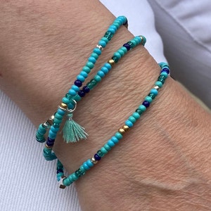 Turquoise/Blue Triple Wrap Bracelet with Dainty Silver Star/Heart Charm and Mini Tassel