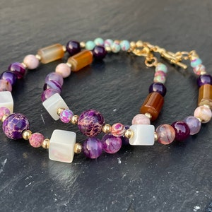 Purple and Pink Mixed Semi-precious Gemstone Beaded Bracelet With Agate ...