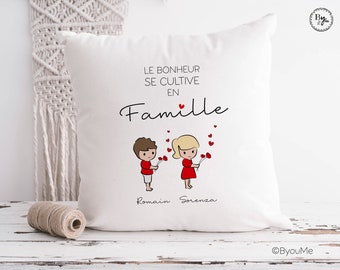 Coussin personnalisé famille "Le bonheur se cultive en Famille" avec enfant.Livraison Mondialrelay en point relais.