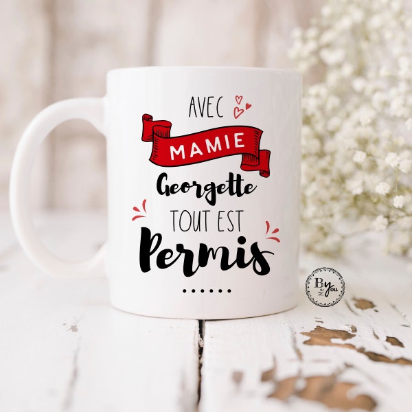 Mug tasse personnalisée grands-parents prénom "Avec mamie, papy, nono...tout est permis". !!!LIVRAISON MONDIAL RELAY(point relais)!!!.