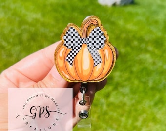 Pumpkin Badge Reel, Fall Badge Reel, Thanksgiving Theme, Fall Theme, Pumpkin ID Holder, Checker Pumpkin, Badge Reel Gift, Medical Badge Reel