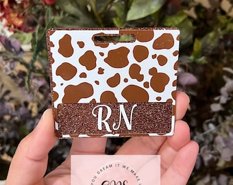 Cow Brown Print Badge Buddy, Horizontal Badge Buddy, ID Holder, Medical Badge Buddy, Teacher Badge Buddy, Nurse Gift, Glitter Badge Buddy