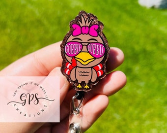 Girl Gobble Gobble Turkey Badge Reel, ID Holder, Medical Badge Reel, Teacher Badge Reel, Thanksgiving Theme, Holiday Badge Reel, Nurse Badge