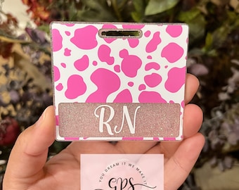 Pink Cow Print Horizontal Badge Buddy, ID Holder, Medical Badge Buddy, Teacher Badge Buddy, Cow Lover, Glitter Badge Buddy, Nurse Gift