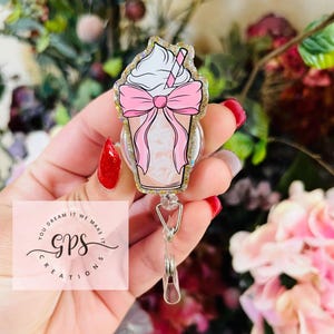 Coquette Bow Iced Frappe Badge Reel, ID Holder, Medical Badge Reel, Teacher Badge Reel, Nurse Badge Reel, Coffee Lover Gift, RN, CNA,Barista