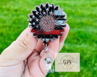 Red Line Sunflower Badge Reel, First Responder Badge Reel, ID Holder, Firefighter, First Responder, Essential Worker, Red Flag, Retractable