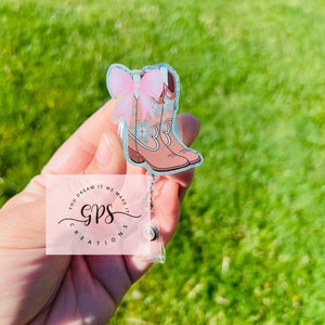 Carrete de insignia temática vaquera, titular de identificación, carrete de insignia médica, carrete de insignia de maestro, chica de campo, botas y arco, carrete de insignia de vaquera, regalo de enfermera