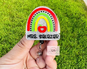 Rainbow Teacher Badge Reel, Apple Rainbow Badge Reel  ID Holder, Teacher Theme Badge Reel, Back To School, Teacher Badge Reel
