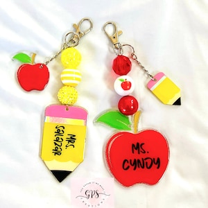 Teacher Beaded Keychain, Teacher Appreciation Gift, Personalized Teacher Appreciation Keychains, Apple Keychain, Pencil Keychain, Teacher