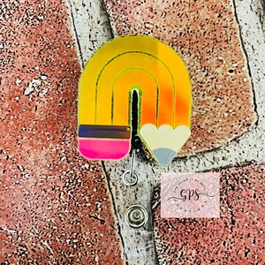 Rainbow Pencil Badge Reel, Teacher Pencil Rainbow Badge Reel, Teacher ID Holder, Badge Reel, Teacher Badge Reel