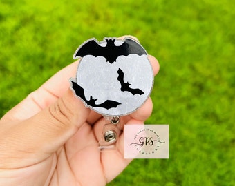 Triple Bats and Moon Badge Reel, ID Holder, Medical Badge Reel, Halloween Theme, Moon Badge Reel, Teacher Badge Reel, Bat Badge