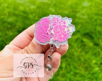 Floral Brain Badge Reel, ID Holder, Medical Badge Reel, Badge Reel Gift, Brain Badge Reel, Neurologist, Neurology Badge Reel, Neurosurgeon