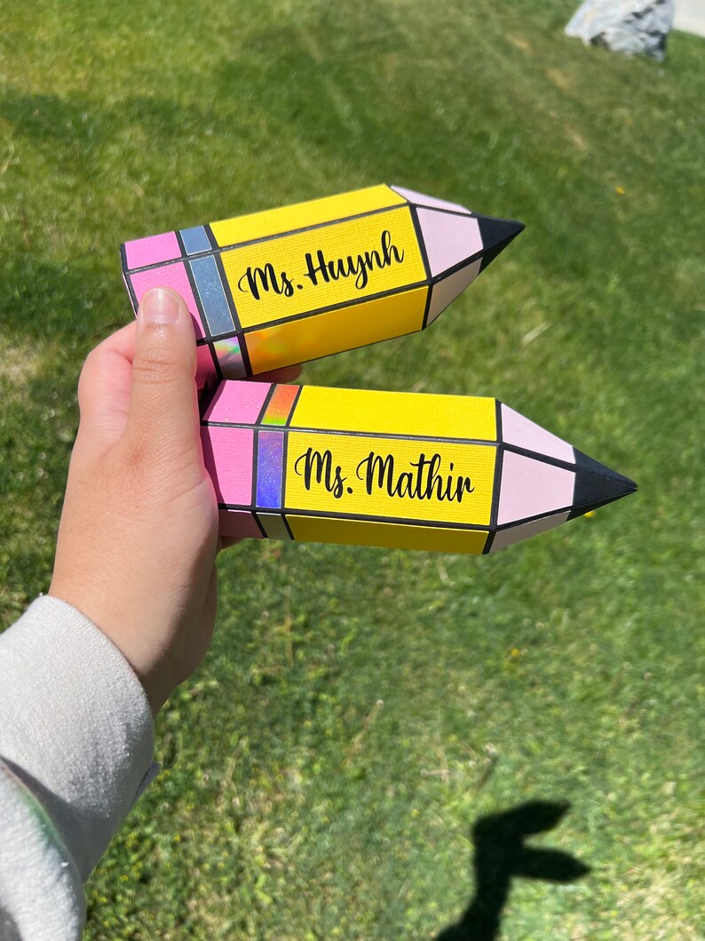 May include: Two yellow and pink pencil-shaped boxes with black text. The top box says "Ms. Huynh" and the bottom box says "Ms. Mathur".