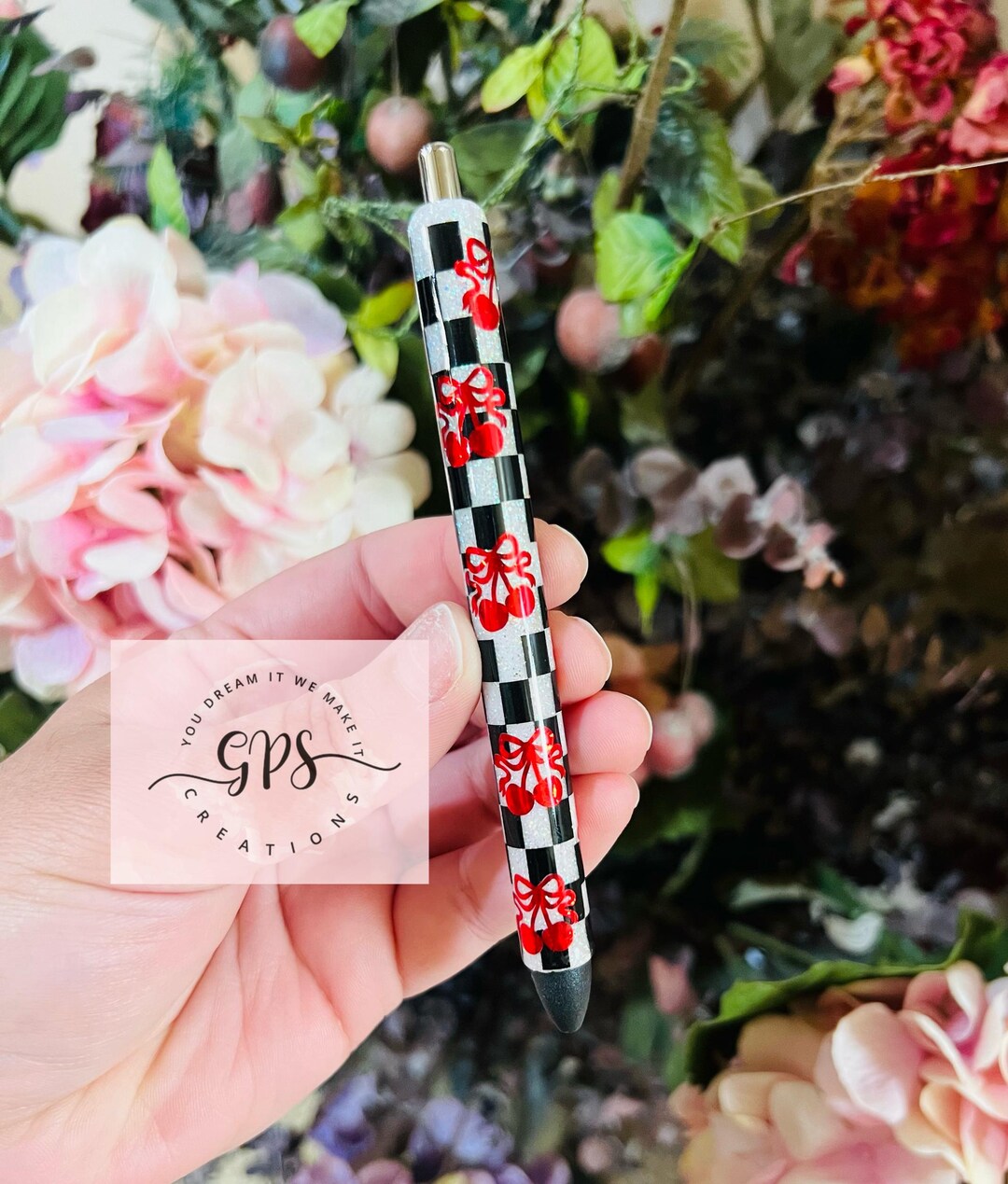 Black Glitter Checker Cherry Pen, Glitter Pen, Cherry Theme Pen, Cherry ...
