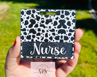 Cow Print Horizontal Badge Buddy, Animal Print, ID Holder, Medical Badge Buddy, Teacher Badge Buddy, Personalized Gift, Glitter