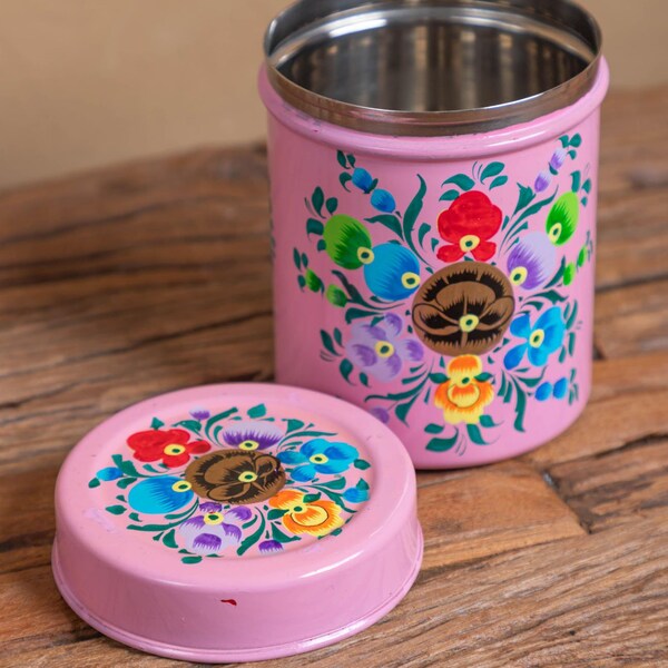 Floral Handpainted Stainless Steel Enamel Canister