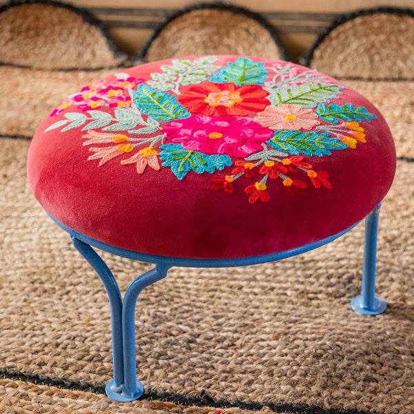 Hand Embroidered Red Floral Embroidered Cotton Velvet Iron Foot Stool (Handmade)