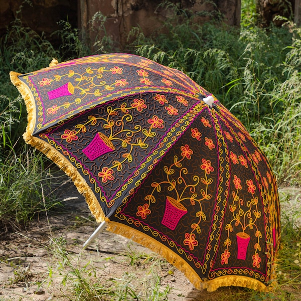 Colourful Handmade Garden Umbrella - Large Size with Mirror Work - Perfect for Patio, Party, and Sun Shade - Indian Handmade Patch Work